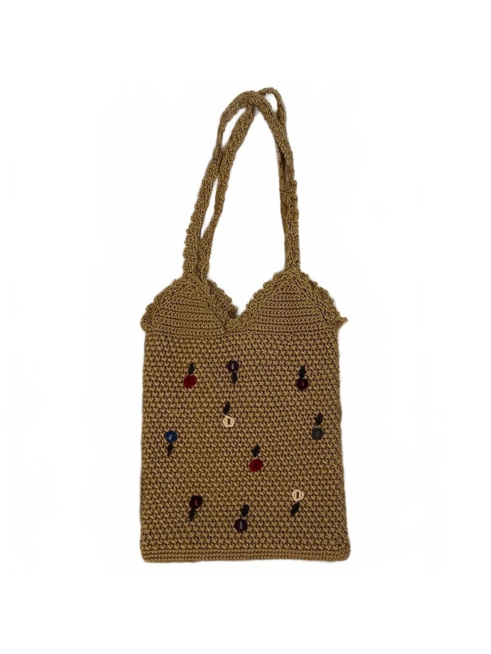 Y2K Tan Flower Embroidered Woven Crochet Tote Bag Whimsy Cottagecore